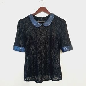 W118 by Walter Baker black peter pan collar lace top medium